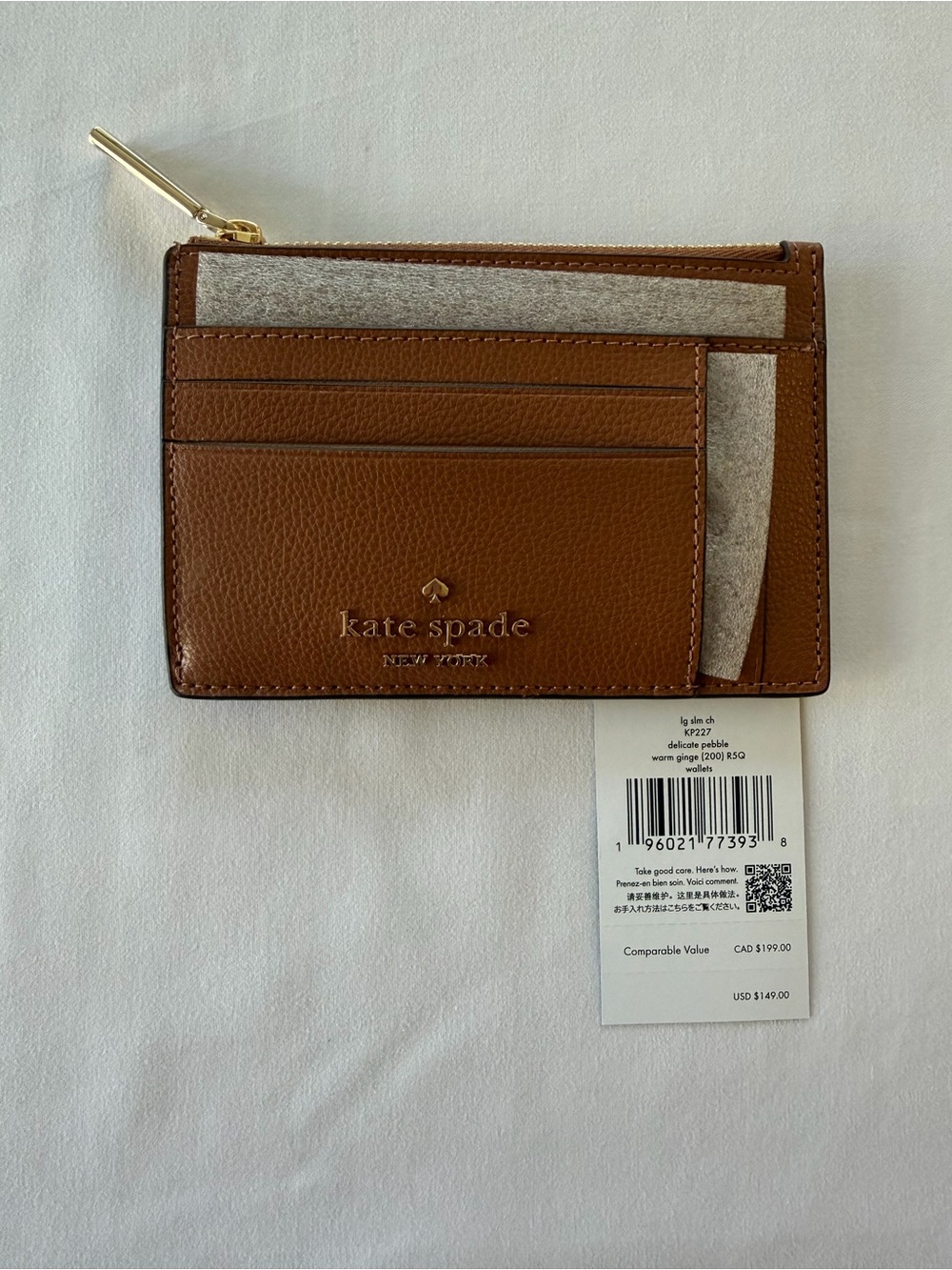 kate spade Warm Ginger Pebbled Leather Zip Card Holder Wallet NWT
